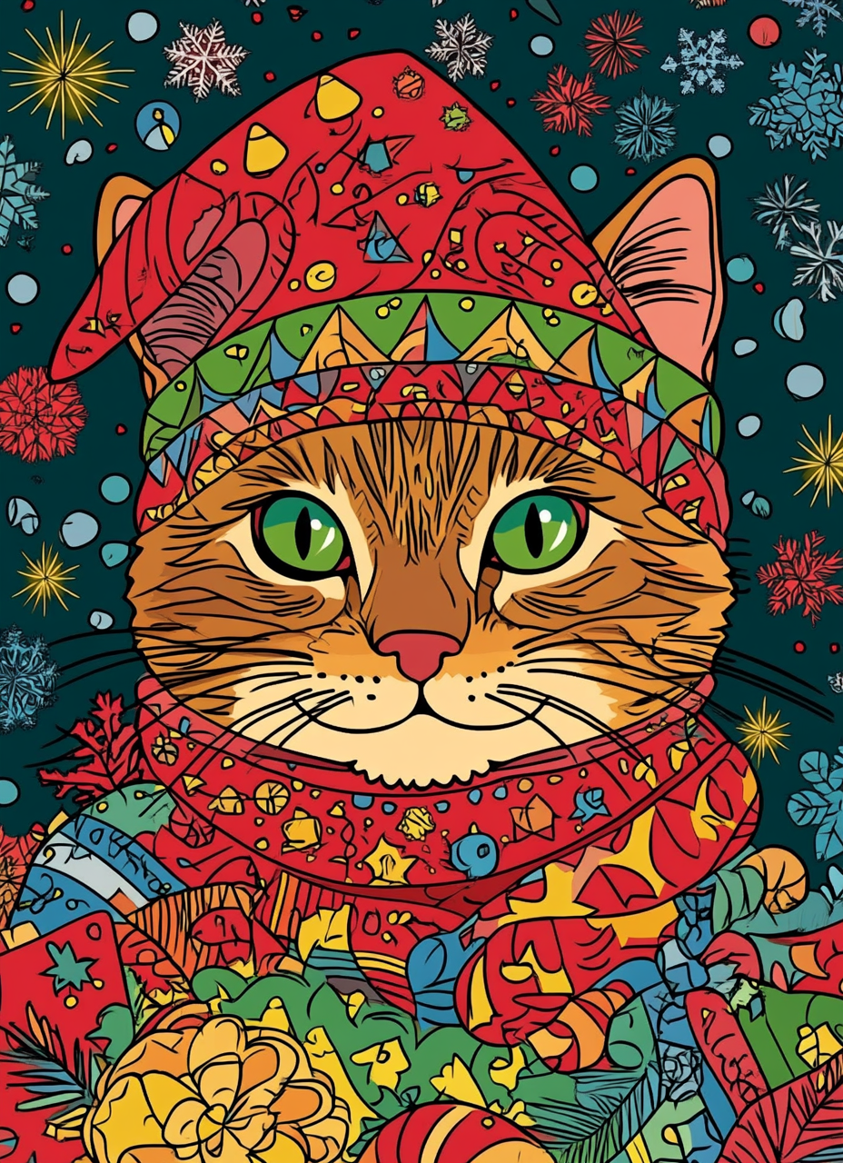 100 Funny Cat Christmas Coloring Pages - Digital Download