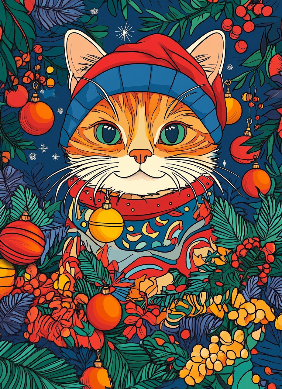 100 Funny Cat Christmas Coloring Pages - Digital Download