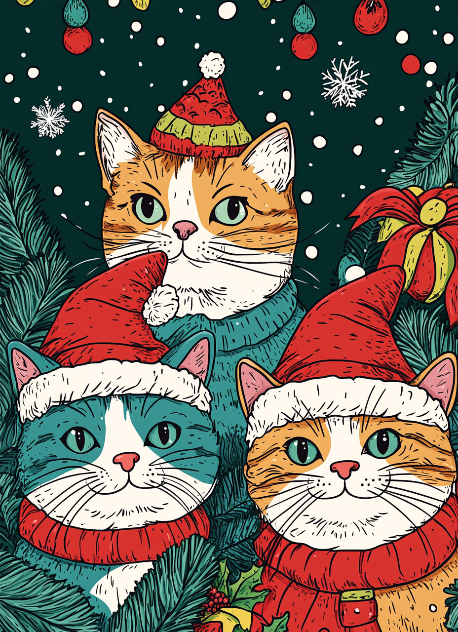 100 Funny Cat Christmas Coloring Pages - Digital Download